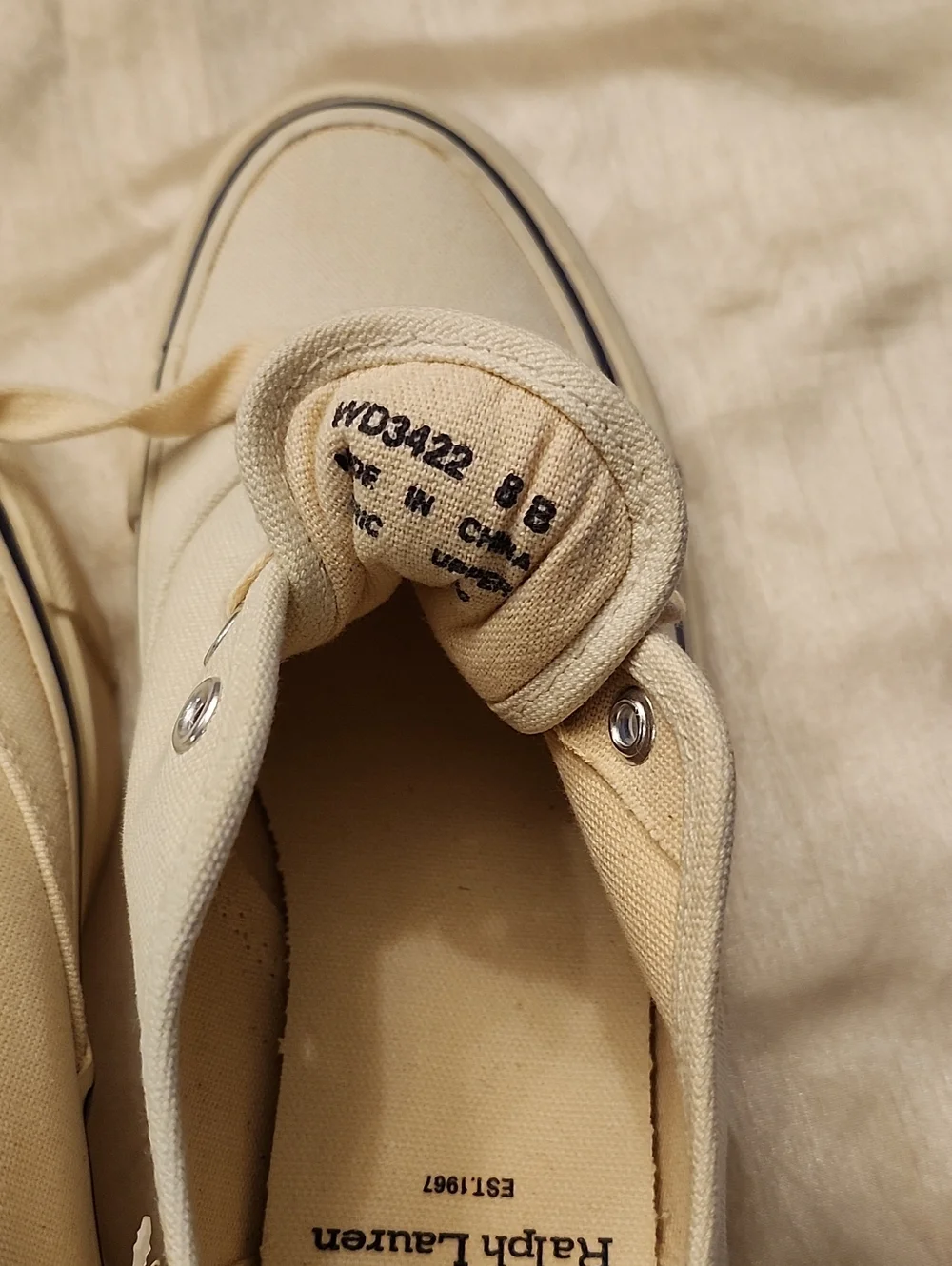 Polo Ralph Lauren Vtg New Cream Canvas Preppy Sneakers Navy Accents, 8B, $30